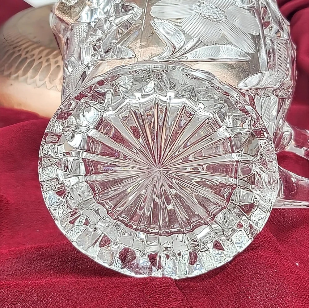 Pressed Crystal Creamer Sugar Bowl Lid Tray Floral Daisy Diamond Pattern Vintage